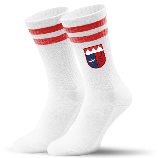 Socken Weiß mit roten Streifen und Logo